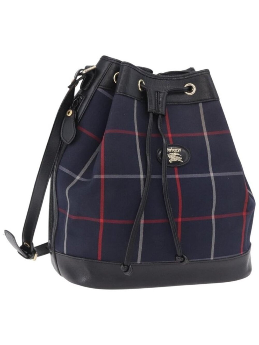 Authentic Burberrys Nova Check Shoulder Bag Canvas Navy Gold Tone